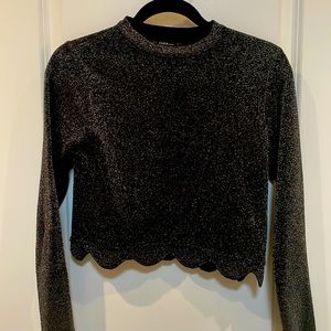 Zara black glitter knit long sleeve crop scallop top